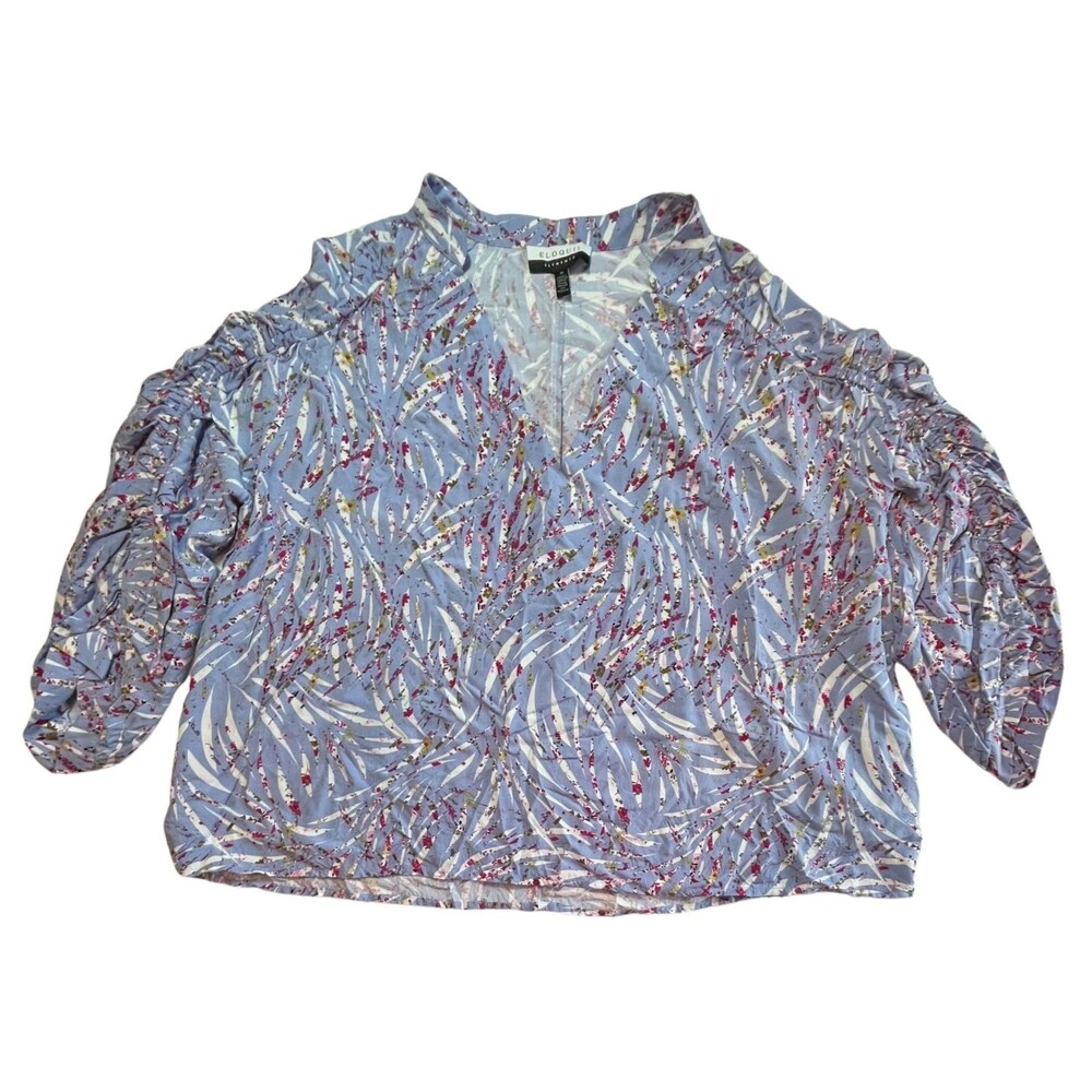 Eloquii Elements‎ Blouse Purple Floral 3/4 Ruched Sleeve Zebra La Vida Plus 20 - Picture 10 of 16